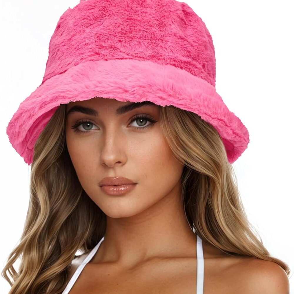 Pink Faux Fur Bucket Hat - Womens Plush Style